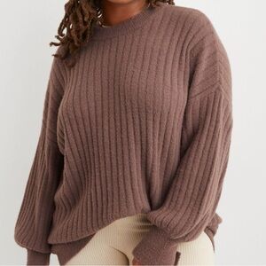 Aerie Mocha Brown Buttercream Soft Ribbed Crew Neck Sweater Dolman Sleeve